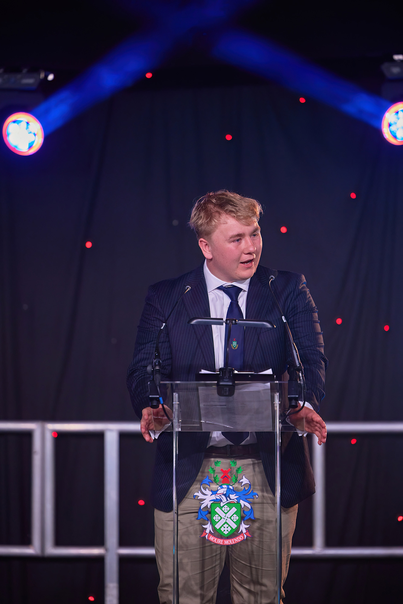Freddie Beasley delivering the Captain's address at Millfield's Summer Celebration